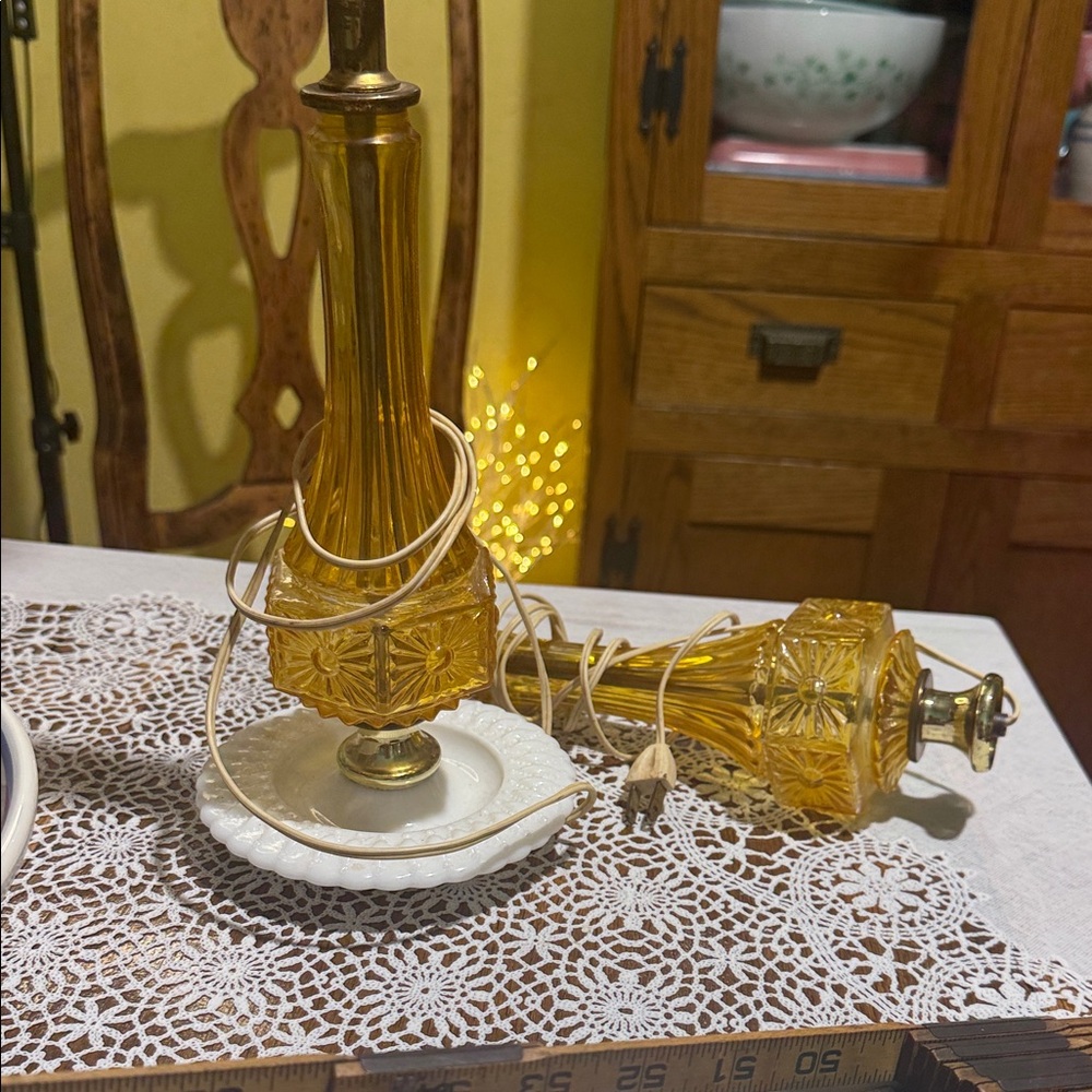🔥Amber colored flashed fired on Glass Table Lamp set underwriters for parts
